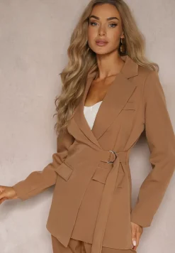 Brązowa Marynarka z Trójkątnym Dekoltem z Paskiem w Talii Thuva