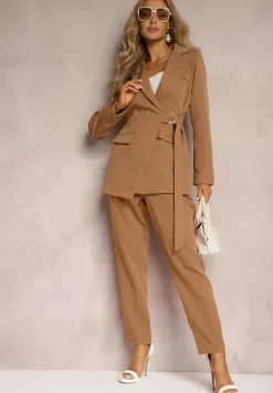 Brązowa Marynarka z Trójkątnym Dekoltem z Paskiem w Talii Thuva