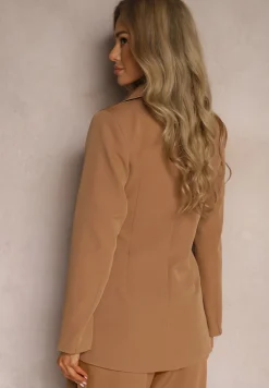 Brązowa Marynarka z Trójkątnym Dekoltem z Paskiem w Talii Thuva