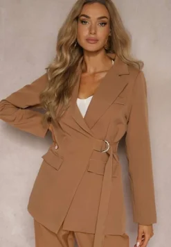 Brązowa Marynarka z Trójkątnym Dekoltem z Paskiem w Talii Thuva