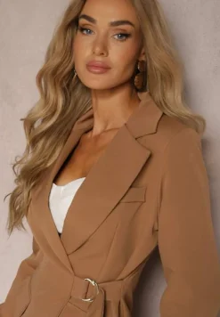 Brązowa Marynarka z Trójkątnym Dekoltem z Paskiem w Talii Thuva