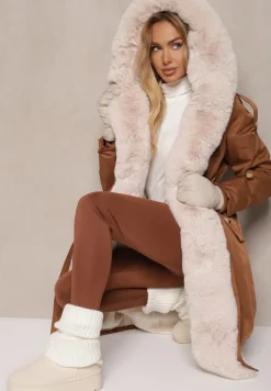 Brązowa Ocieplana Kurtka Parka z Kapturem i Ściągaczem w Pasie Semilaura