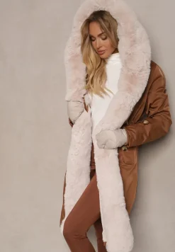 Brązowa Ocieplana Kurtka Parka z Kapturem i Ściągaczem w Pasie Semilaura