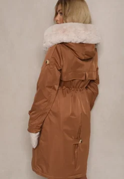 Brązowa Ocieplana Kurtka Parka z Kapturem i Ściągaczem w Pasie Semilaura