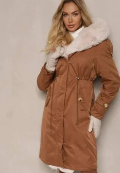 Brązowa Ocieplana Kurtka Parka z Kapturem i Ściągaczem w Pasie Semilaura
