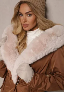 Brązowa Ocieplana Kurtka Parka z Kapturem i Ściągaczem w Pasie Semilaura