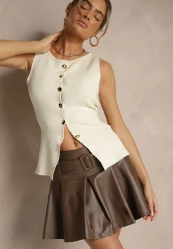 Brązowa Ocieplana Rozkloszowana Spódnica High Waist o Plisowanym Kroju z Ekoskóry z Paskiem Asitha