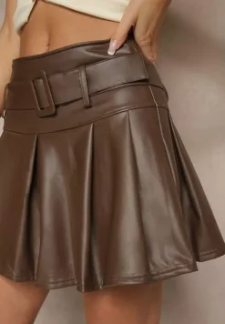 Brązowa Ocieplana Rozkloszowana Spódnica High Waist o Plisowanym Kroju z Ekoskóry z Paskiem Asitha