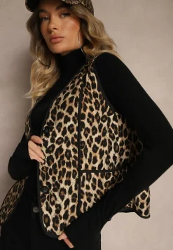 Brązowa Panterkowa Kamizelka z Wiskozą i Ozdobnymi Przeszyciami Rinnice