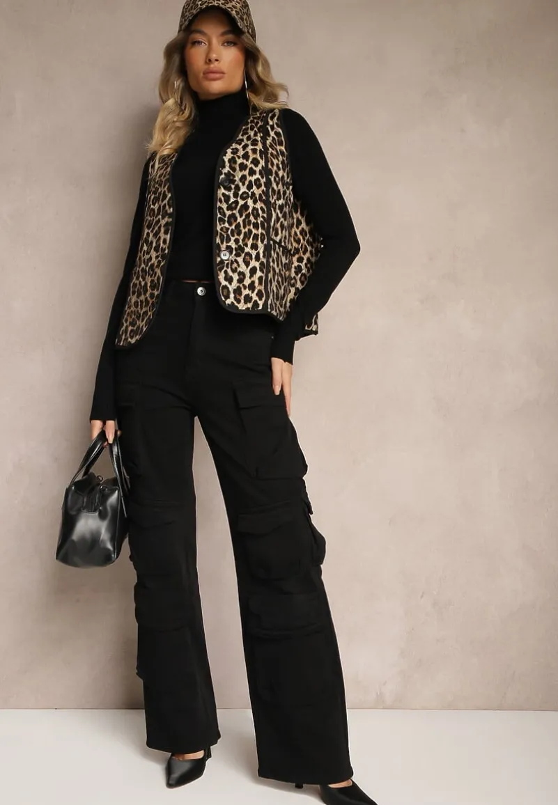 Brązowa Panterkowa Kamizelka z Wiskozą i Ozdobnymi Przeszyciami Rinnice