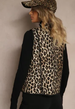 Brązowa Panterkowa Kamizelka z Wiskozą i Ozdobnymi Przeszyciami Rinnice