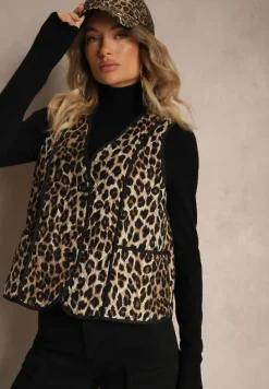 Brązowa Panterkowa Kamizelka z Wiskozą i Ozdobnymi Przeszyciami Rinnice