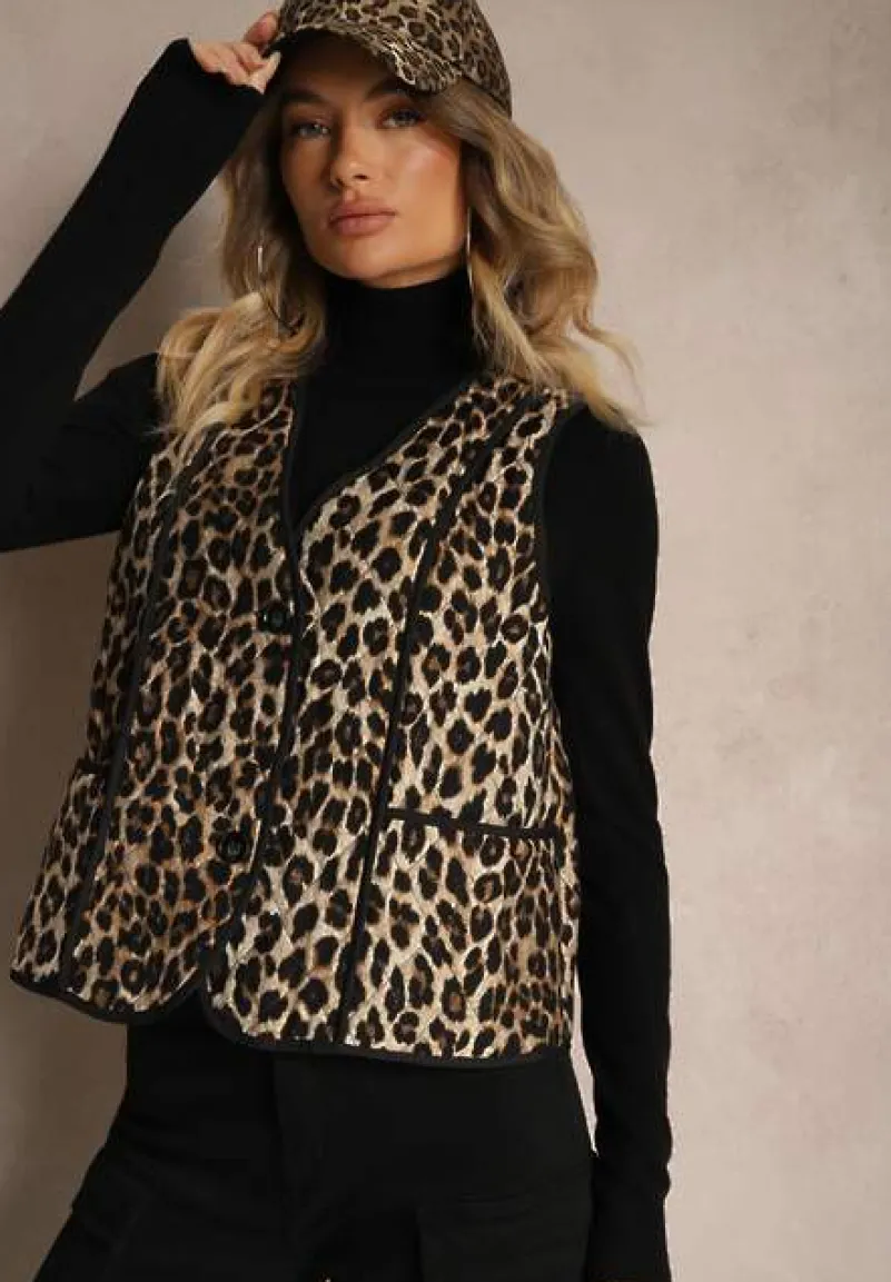 Brązowa Panterkowa Kamizelka z Wiskozą i Ozdobnymi Przeszyciami Rinnice