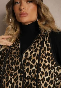 Brązowa Panterkowa Kamizelka z Wiskozą i Ozdobnymi Przeszyciami Rinnice