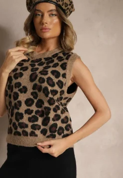 Brązowa Panterkowa Kamizelka z Dodatkiem Wełny Nalinara