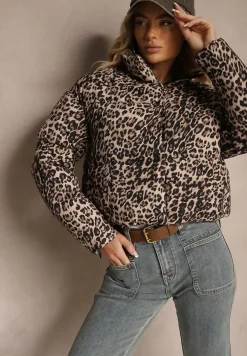 Brązowa Panterkowa Kurtka Pikowana o Krótkim Kroju ze Ściągaczami Ivilda