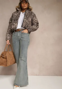 Brązowa Panterkowa Kurtka Pikowana o Krótkim Kroju ze Ściągaczami Ivilda