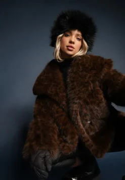 Brązowa Panterkowa Kurtka Futerko z Wsuwanymi Kieszeniami Neliven