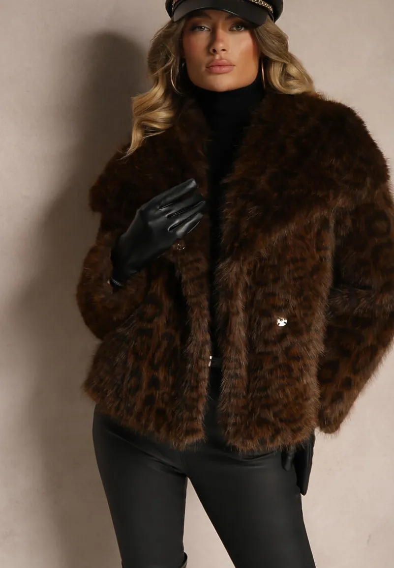 Brązowa Panterkowa Kurtka Futerko z Wsuwanymi Kieszeniami Neliven