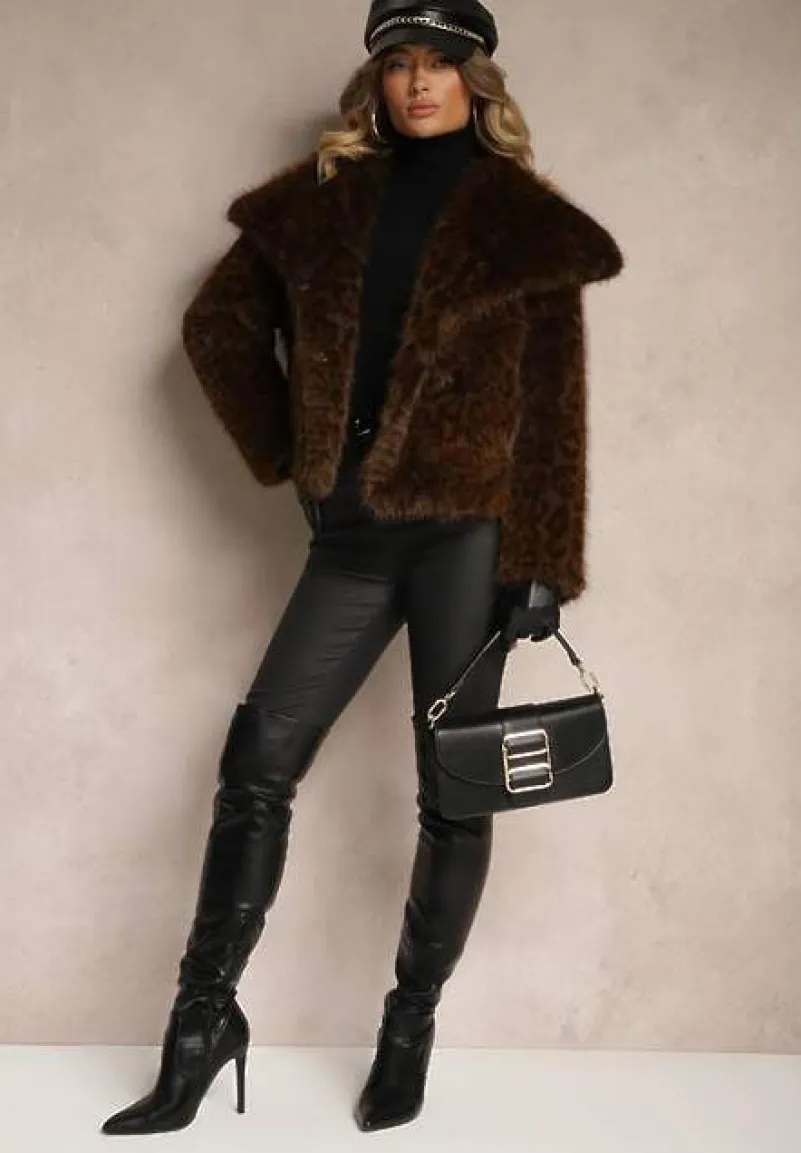 Brązowa Panterkowa Kurtka Futerko z Wsuwanymi Kieszeniami Neliven