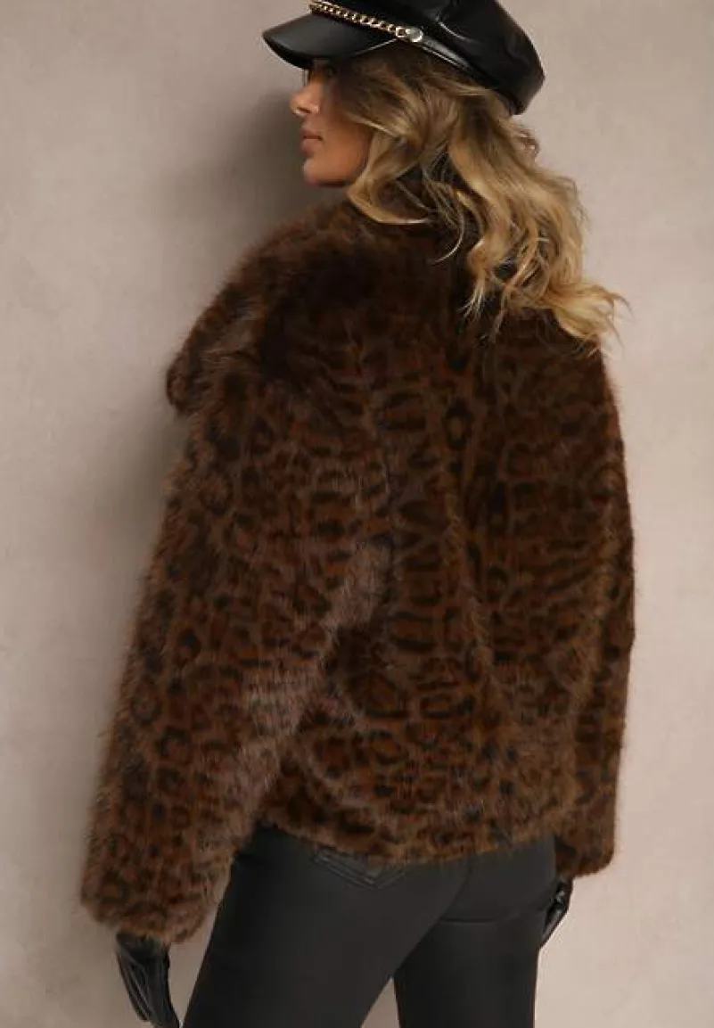 Brązowa Panterkowa Kurtka Futerko z Wsuwanymi Kieszeniami Neliven