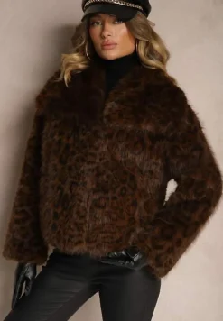 Brązowa Panterkowa Kurtka Futerko z Wsuwanymi Kieszeniami Neliven