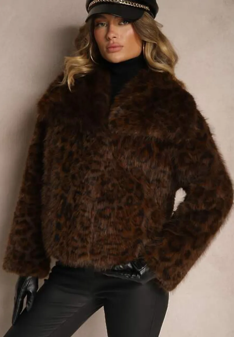 Brązowa Panterkowa Kurtka Futerko z Wsuwanymi Kieszeniami Neliven