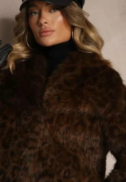 Brązowa Panterkowa Kurtka Futerko z Wsuwanymi Kieszeniami Neliven