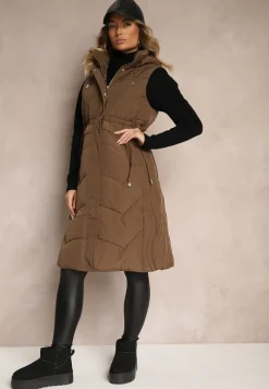 Brązowa Pikowana Kamizelka ze Ściągaczem w Talii i Kapturem z Możliwością Odpięcia Aminstina