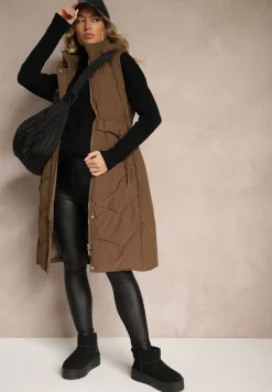 Brązowa Pikowana Kamizelka ze Ściągaczem w Talii i Kapturem z Możliwością Odpięcia Aminstina