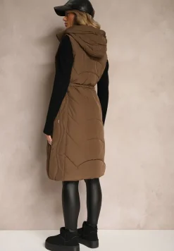 Brązowa Pikowana Kamizelka ze Ściągaczem w Talii i Kapturem z Możliwością Odpięcia Aminstina