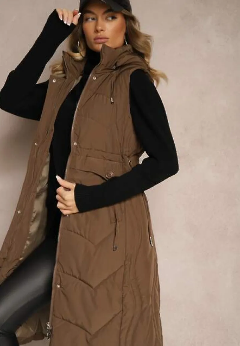 Brązowa Pikowana Kamizelka ze Ściągaczem w Talii i Kapturem z Możliwością Odpięcia Aminstina