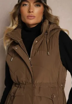 Brązowa Pikowana Kamizelka ze Ściągaczem w Talii i Kapturem z Możliwością Odpięcia Aminstina