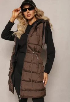 Brązowa Pikowana Kamizelka Dwustronna z Troczkiem w Pasie o Wydłużonym Fasonie Selinorda