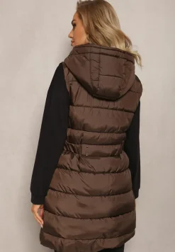 Brązowa Pikowana Kamizelka Dwustronna z Troczkiem w Pasie o Wydłużonym Fasonie Selinorda