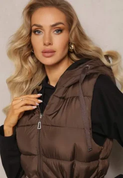 Brązowa Pikowana Kamizelka Dwustronna z Troczkiem w Pasie o Wydłużonym Fasonie Selinorda