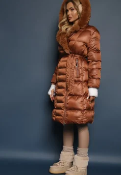 Brązowa Pikowana Kurtka Płaszcz za Kolano z Wiązanym Paskiem i Futerkiem Vivenda