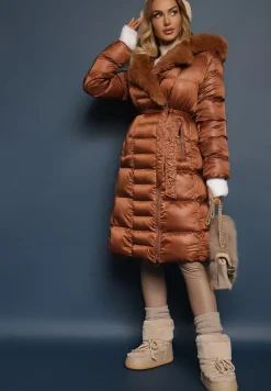 Brązowa Pikowana Kurtka Płaszcz za Kolano z Wiązanym Paskiem i Futerkiem Vivenda