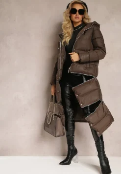 Brązowa Pikowana Kurtka Płaszcz z Kapturem i Regulowaną Długością Tirilele