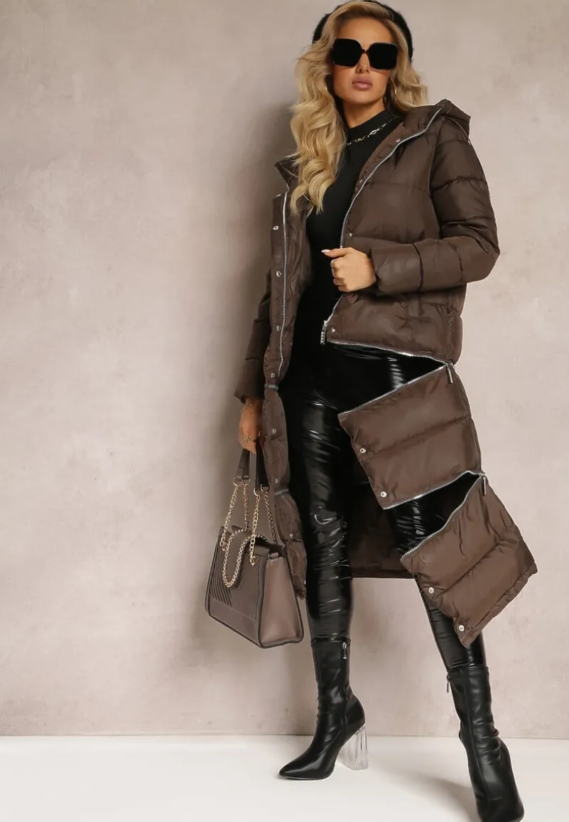 Brązowa Pikowana Kurtka Płaszcz z Kapturem i Regulowaną Długością Tirilele