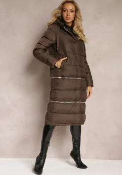 Brązowa Pikowana Kurtka Płaszcz z Kapturem i Regulowaną Długością Tirilele
