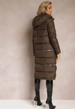 Brązowa Pikowana Kurtka Płaszcz z Kapturem i Regulowaną Długością Tirilele