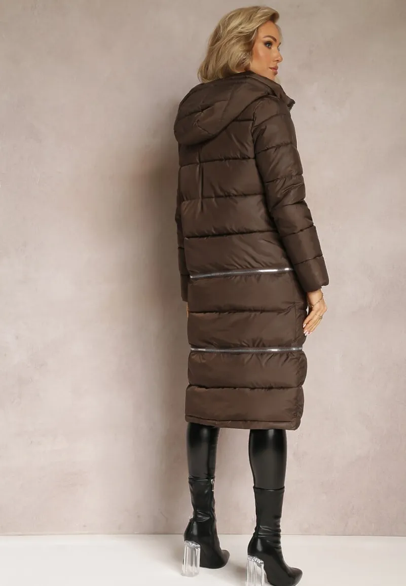 Brązowa Pikowana Kurtka Płaszcz z Kapturem i Regulowaną Długością Tirilele