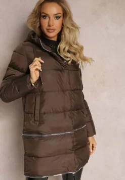 Brązowa Pikowana Kurtka Płaszcz z Kapturem i Regulowaną Długością Tirilele