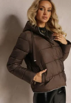 Brązowa Pikowana Kurtka Płaszcz z Kapturem i Regulowaną Długością Tirilele