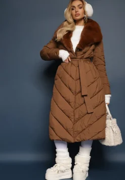 Brązowa Pikowana Kurtka Płaszcz typu Płaszcz z Futrzanym Kołnierzem Odefia