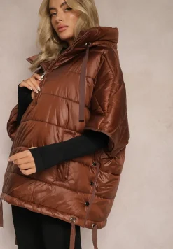 Brązowa Pikowana Kurtka z Rękawem 3/4 oraz Kapturem Wkładana przez Głowę Arisoltta