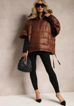 Brązowa Pikowana Kurtka z Rękawem 3/4 oraz Kapturem Wkładana przez Głowę Arisoltta