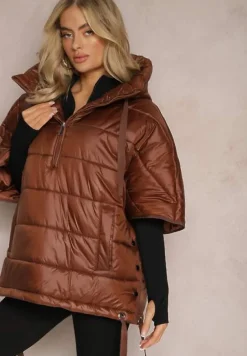 Brązowa Pikowana Kurtka z Rękawem 3/4 oraz Kapturem Wkładana przez Głowę Arisoltta