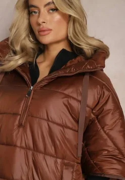 Brązowa Pikowana Kurtka z Rękawem 3/4 oraz Kapturem Wkładana przez Głowę Arisoltta